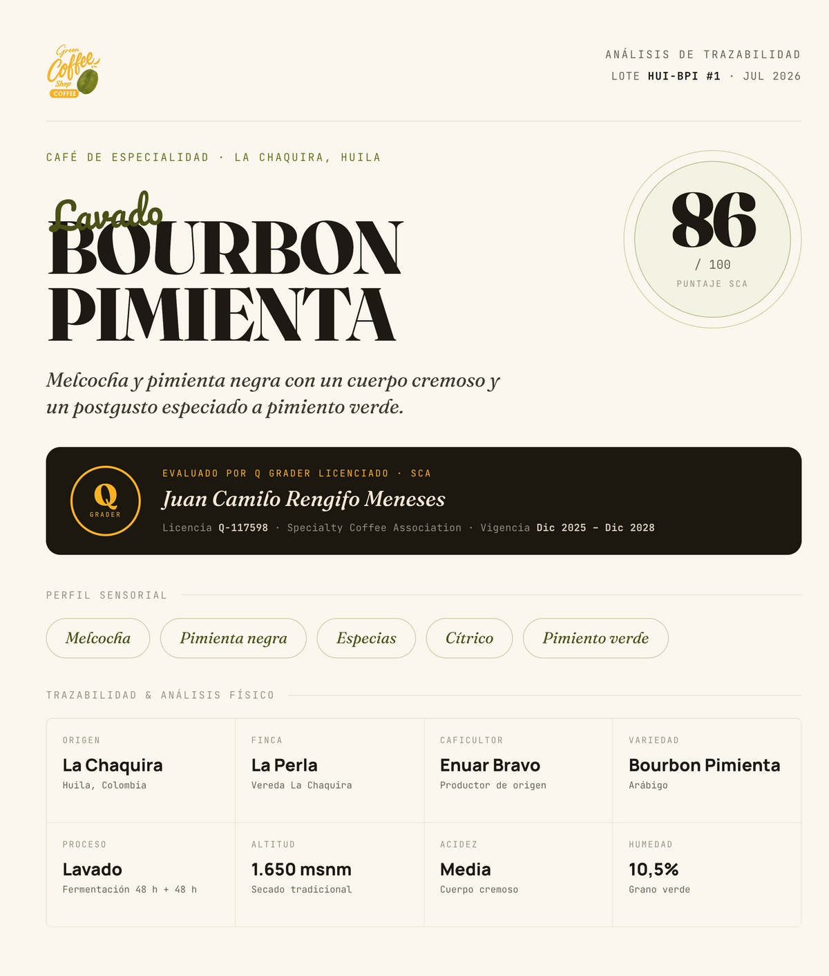 Café Bourbon Pimienta - Tostado de Especialidad (Huila) | Melcocha y Pimienta Negra