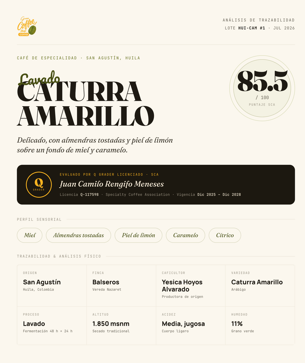 Café Caturra Amarillo Lavado - Especialidad Tradicional (Huila) | Miel y Caramelo