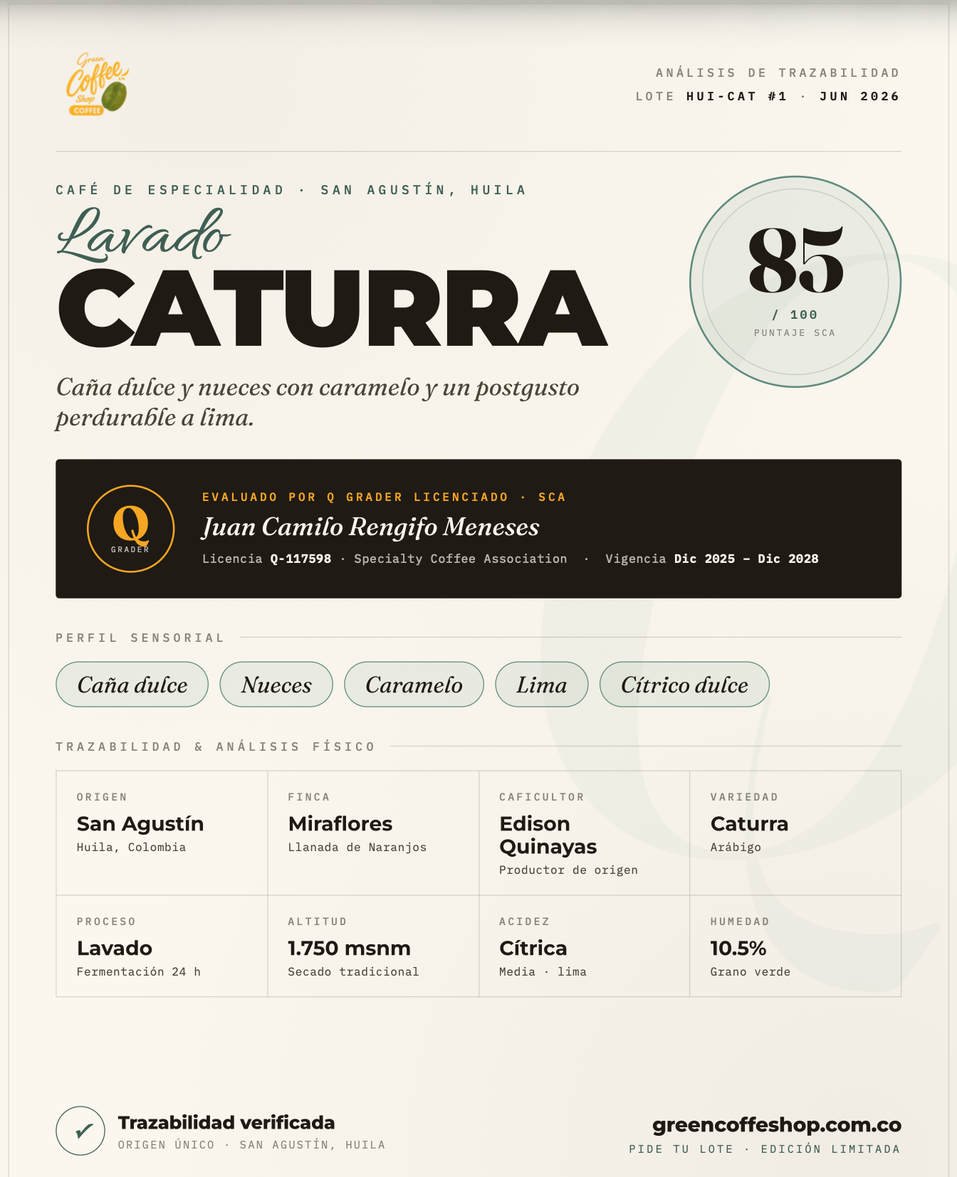 Café Caturra Lavado - Tostado de Especialidad - Huila, Colombia