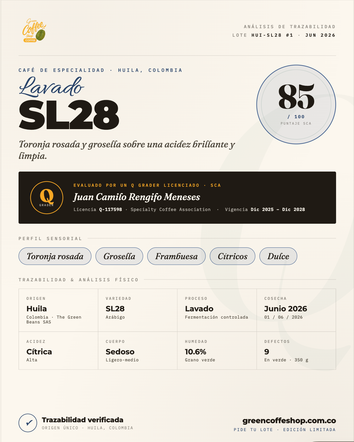 Café SL28 Lavado - Tostado de Especialidad (Huila) | Toronja Rosada y Grosella