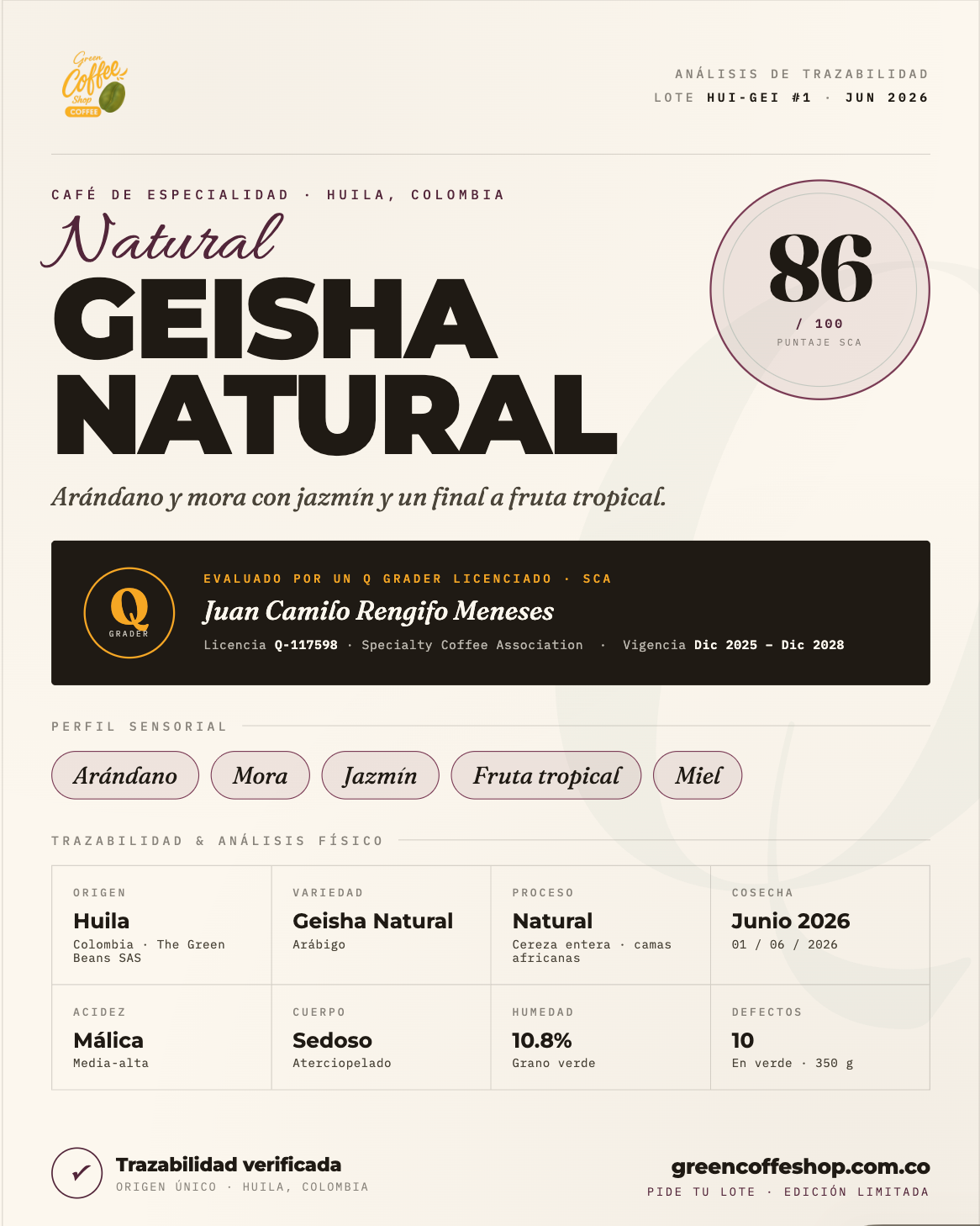 Café Geisha Natural - Tostado de Especialidad (Huila) | Notas a Jazmín y Mora