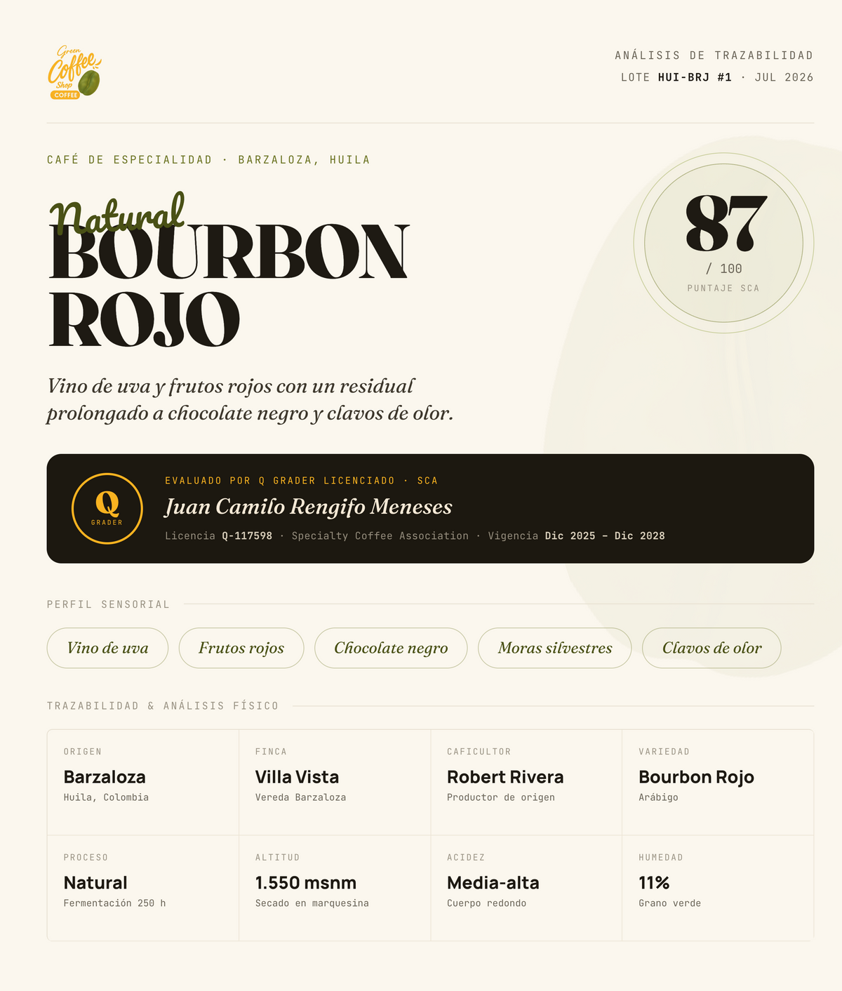 Café Bourbon Rojo Natural - Tostado de Especialidad (Huila) | Vino de Uva y Frutos Rojos