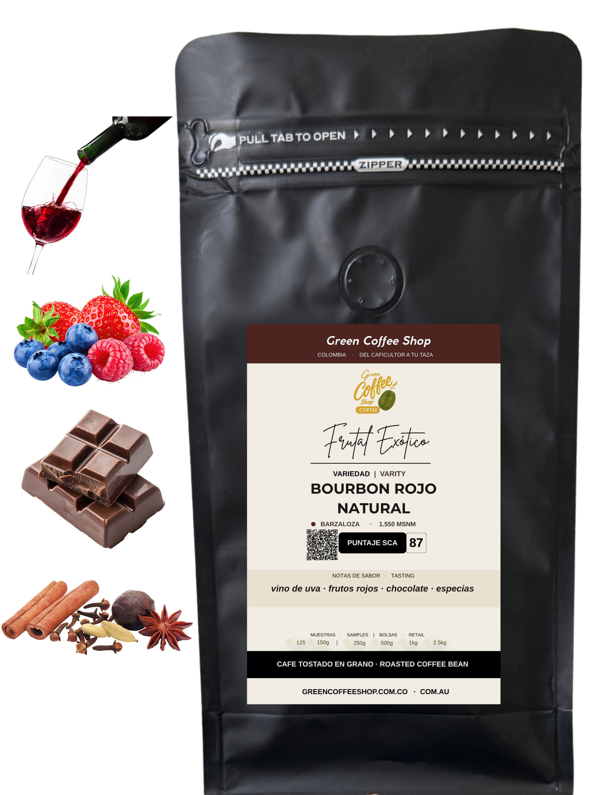 Café Bourbon Rojo Natural - Tostado de Especialidad (Huila) | Vino de Uva y Frutos Rojos