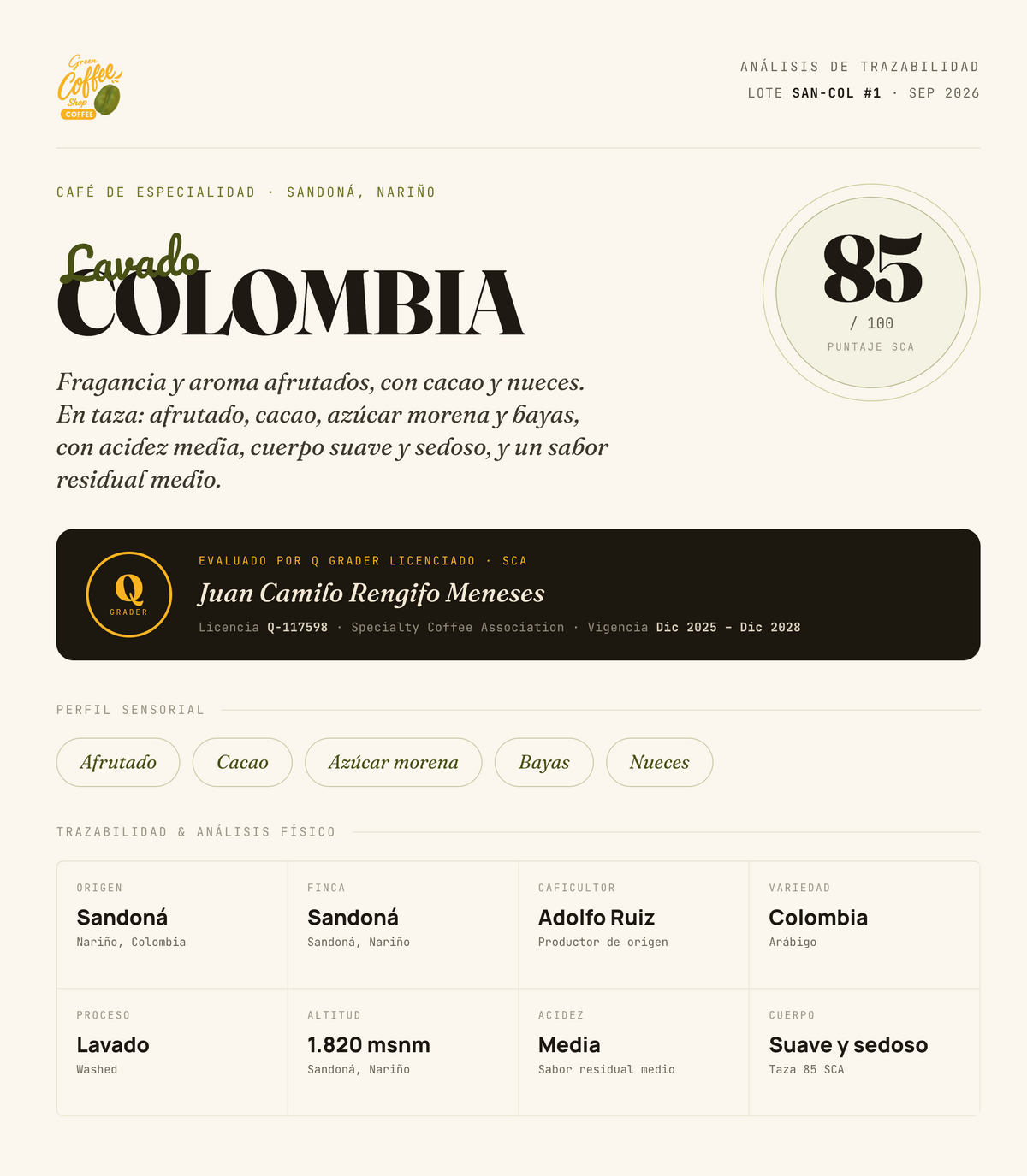 Café Variedad Colombia Lavado · Sandoná, Nariño · Perfil Espresso