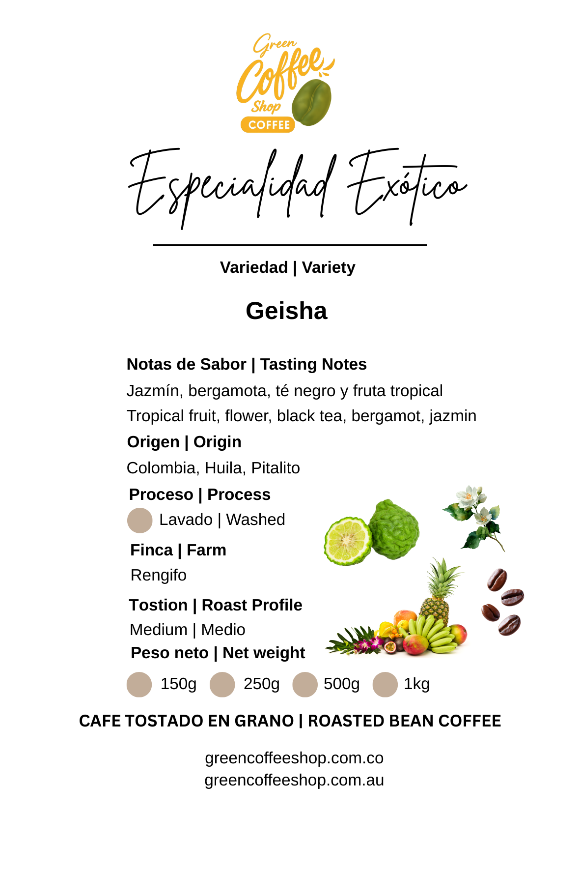 Café Geisha Lavado - Tostado de Especialidad - Huila, Colombia
