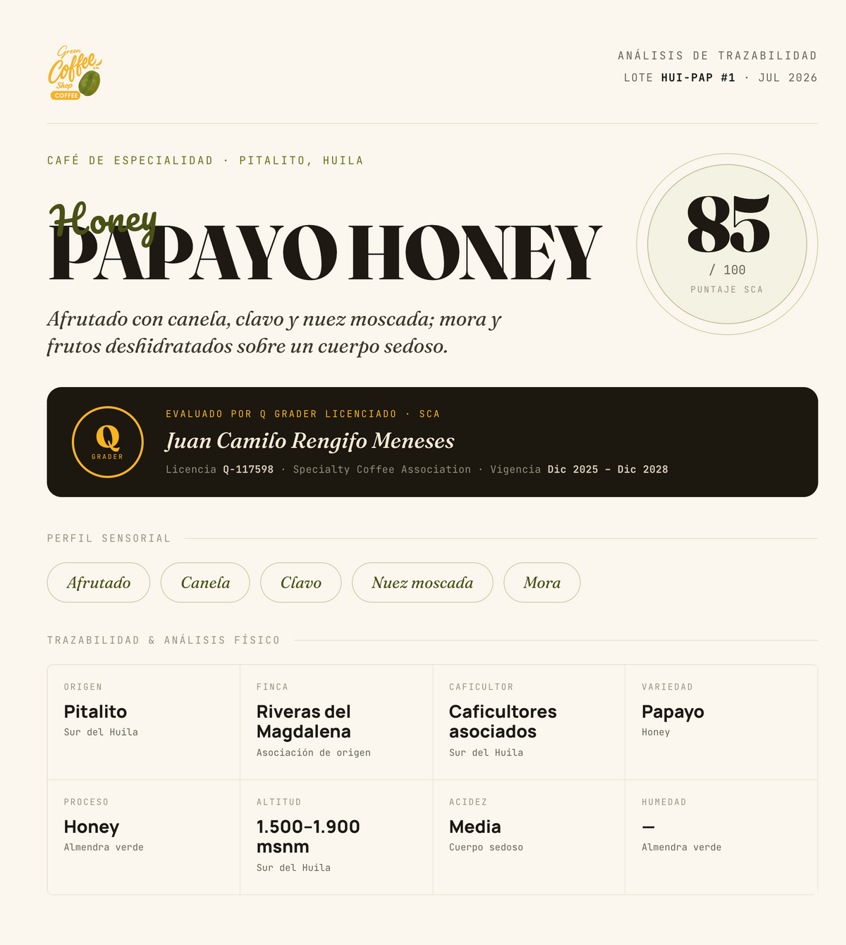 Café Papayo Honey - Tostado de Especialidad - Huila, Colombia