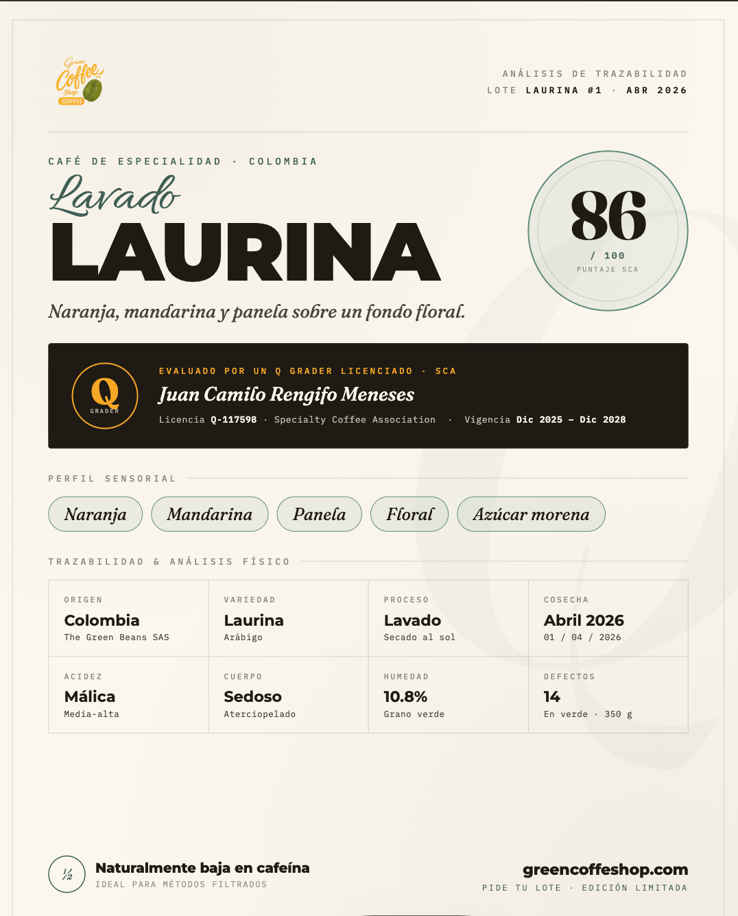 Café Laurina Lavado - Tostado de Especialidad, Colombia