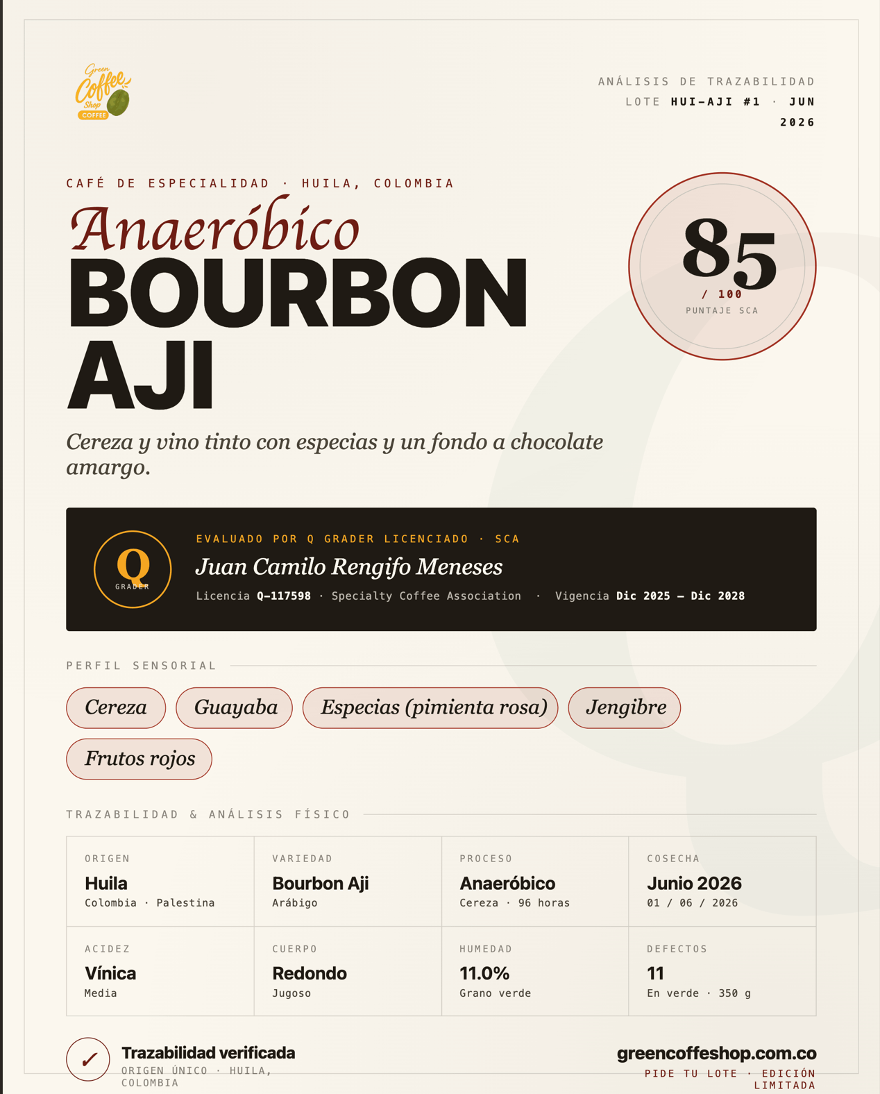 Café Bourbon Ají - Tostado de Especialidad - Huila, Colombia