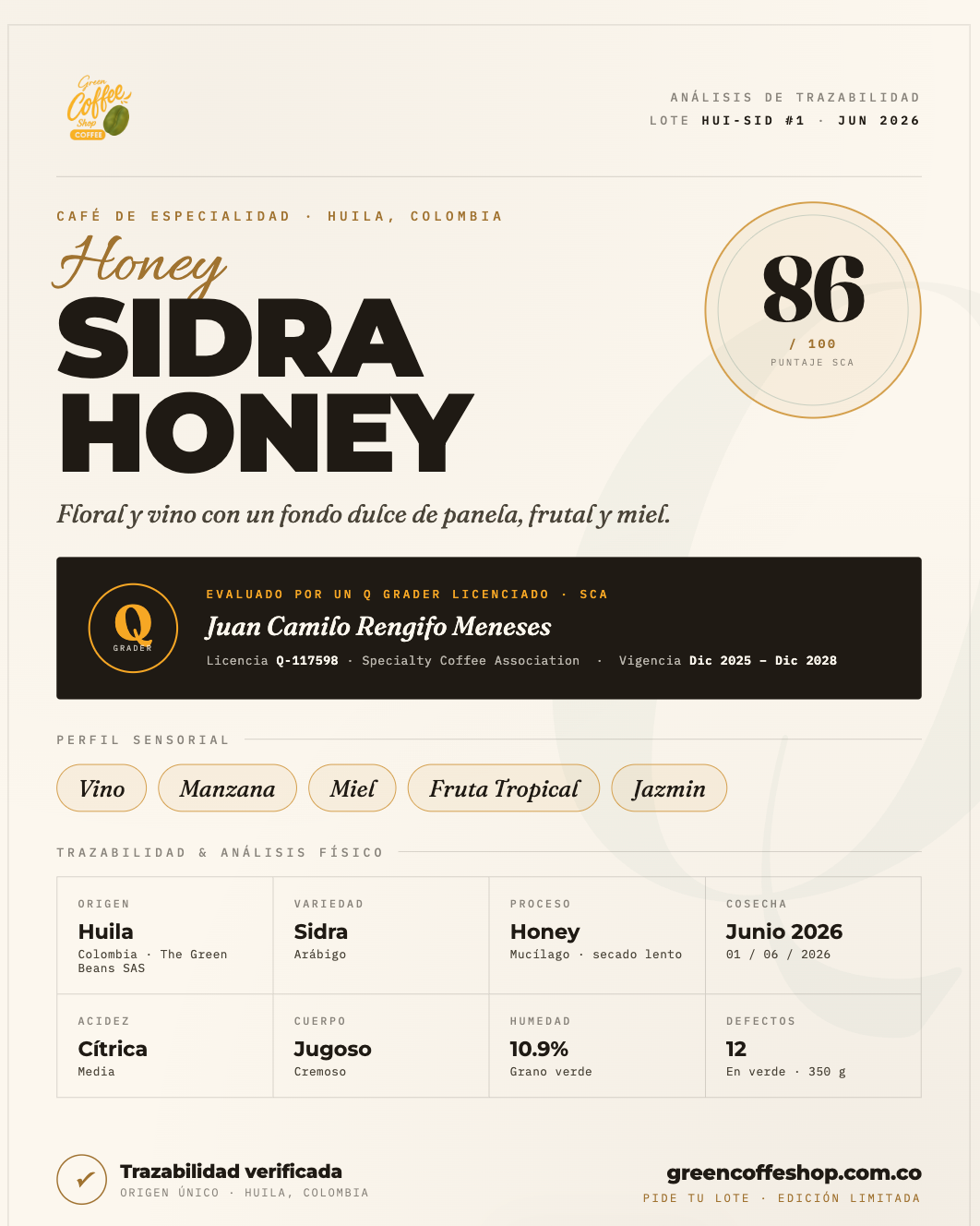 Café Sidra Honey - Tostado de Especialidad - Huila, Colombia