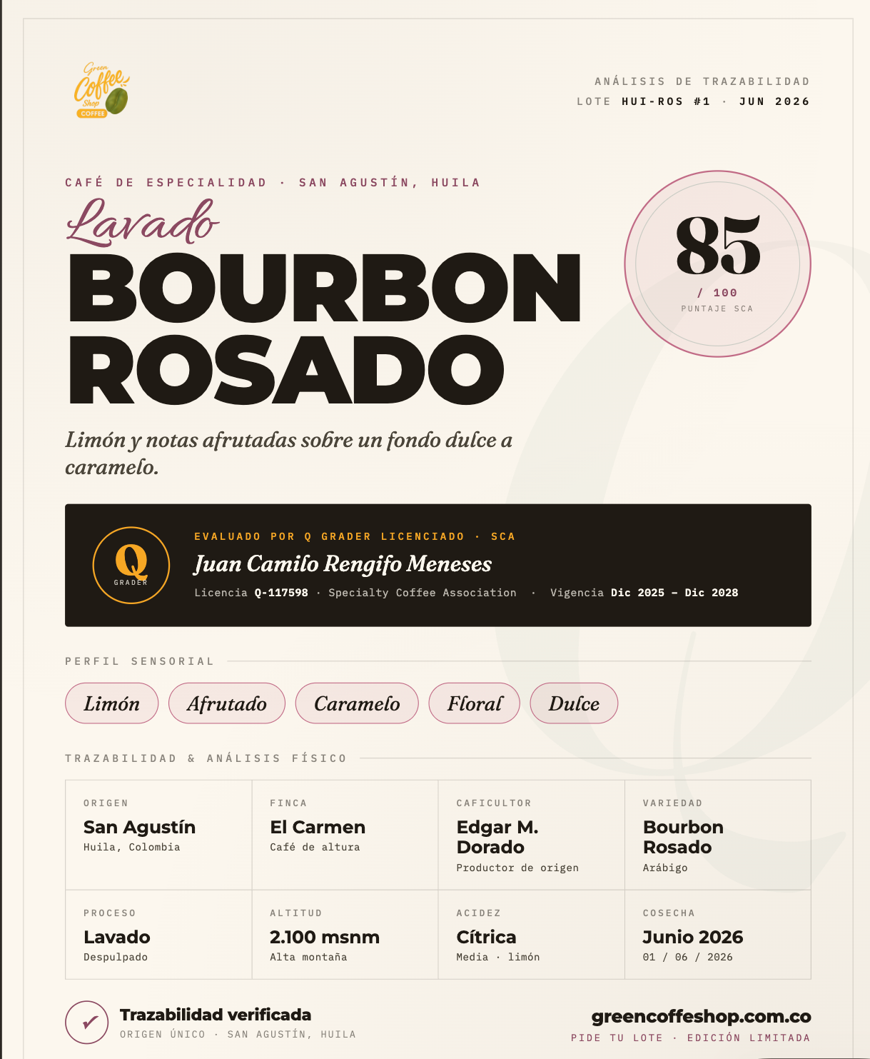 Café Bourbon Rosado Lavado - Tostado de Especialidad - Huila, Colombia