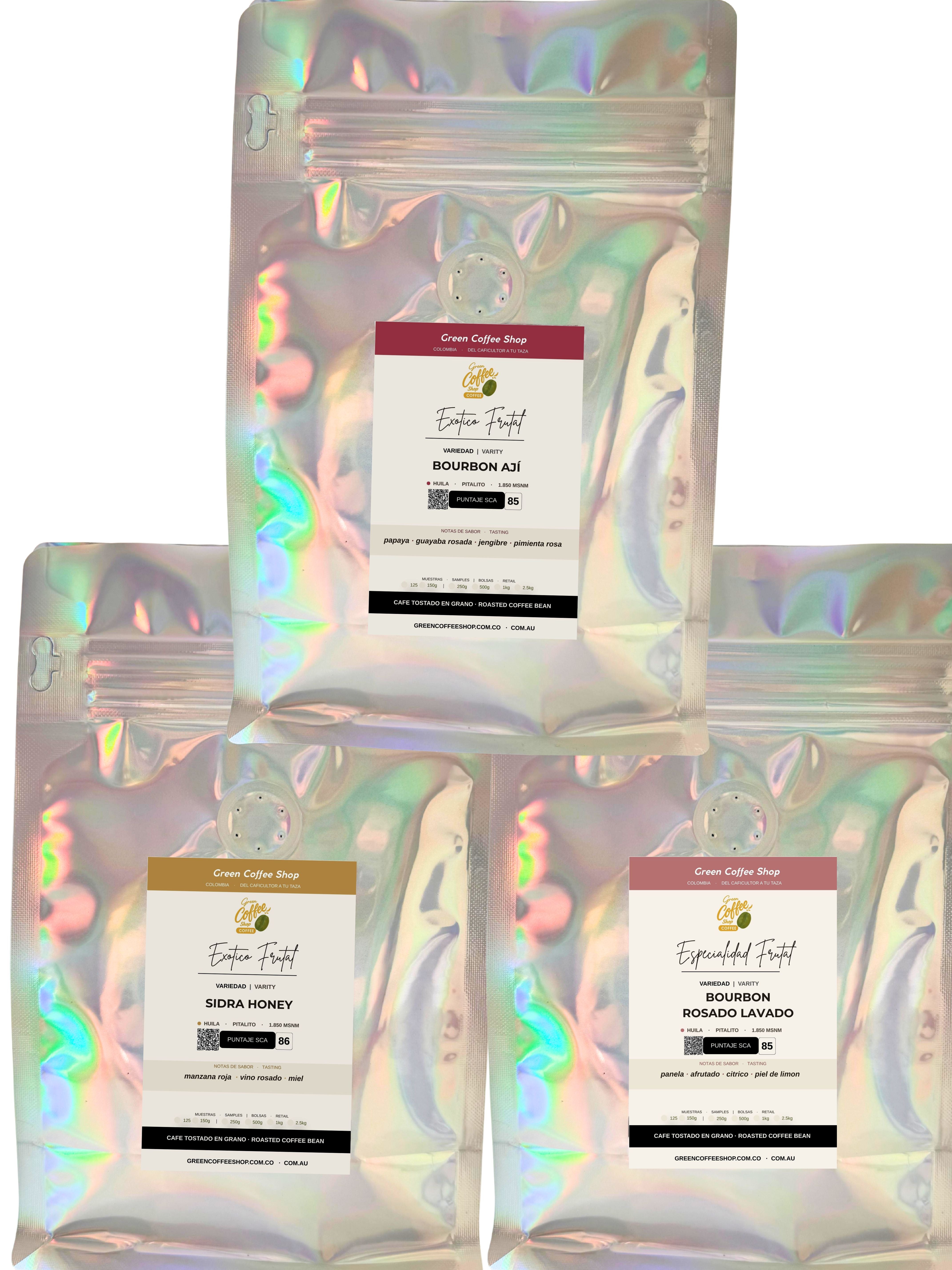 Tripack Café Exótico: Bourbon Rosado, Sidra Honey & Bourbon Ají (450g)