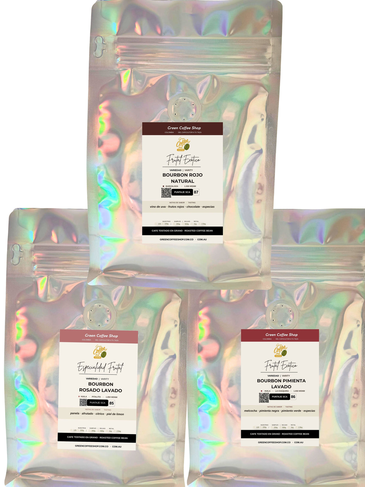 Tripack Los Tres Bourbon de Huila: Rosado, Rojo y Pimienta · 3×150g